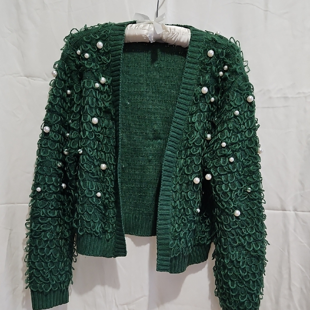 Elegant Green Sweater with Pearl Accents